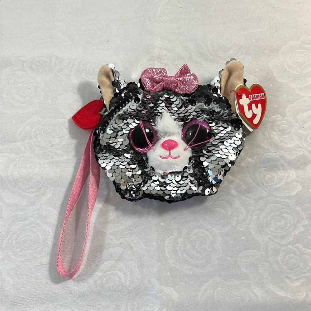 Ty Kiki, Black and White Sequin Cat Wristlet Coin Purse with Pink Bow